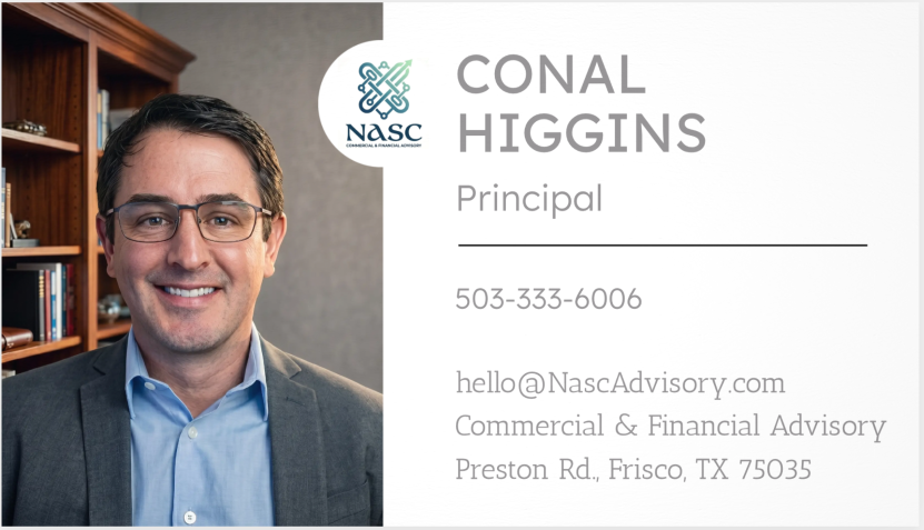 Business card for Conal Higgins, Principal at Nasc Advisory, with phone, email, and Frisco address